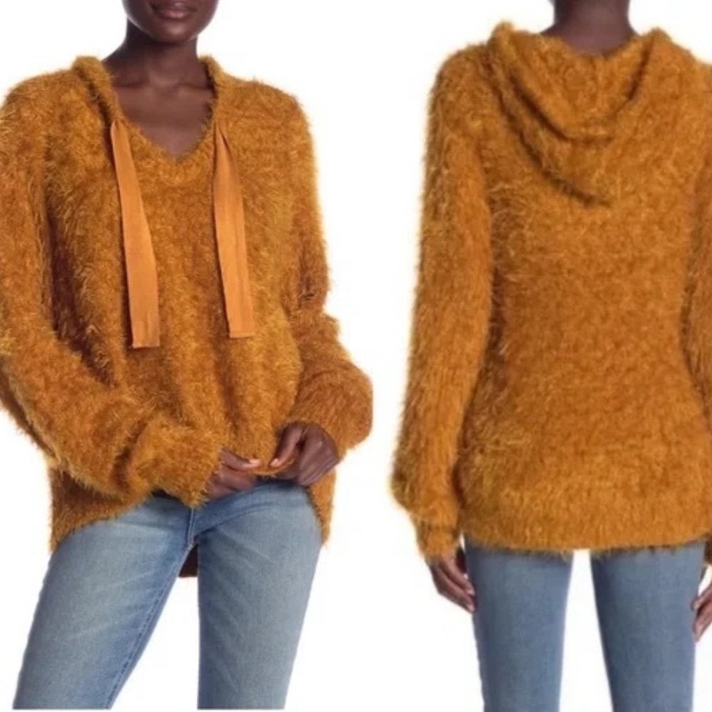 Free People Fuzzy Hooded V-Neck Sweater Orange Size Small